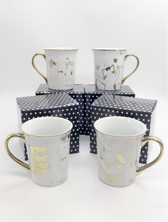 Gold Lined Cat Mug Cup Set (4ps) With Gift Box 350ml (12oz)